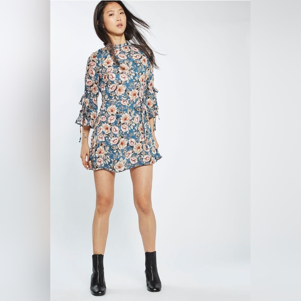 EUC Topshop Blue & Pink Peony Floral Tie Sleeve Mini Dress Women's Size 4